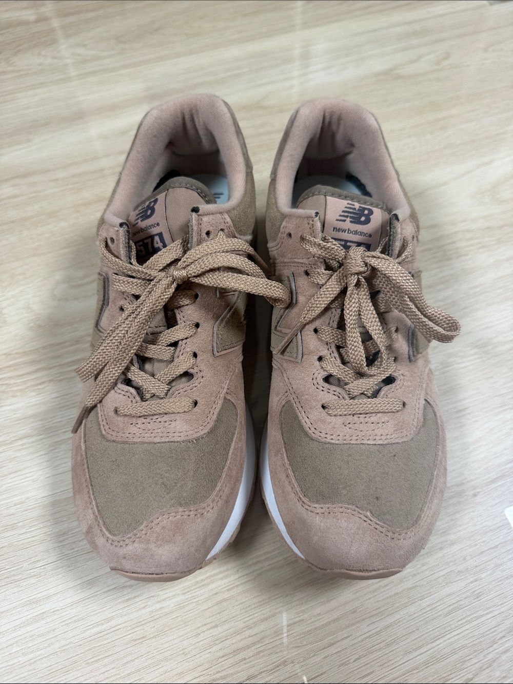 New Balance 574 Suede/Canvas Sneakers in Dusty Pink and Tan